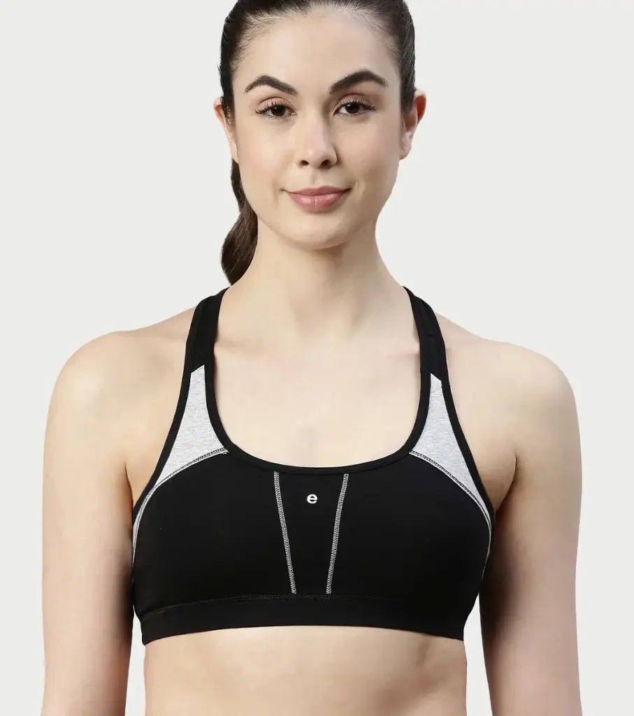Enamor Medium Impact, Side Panel Shaping, Racer Back Women's Cotton Sports Bra - Padding with Removable Cups, Wirefree, High Coverage - SB08 (Greymelange)