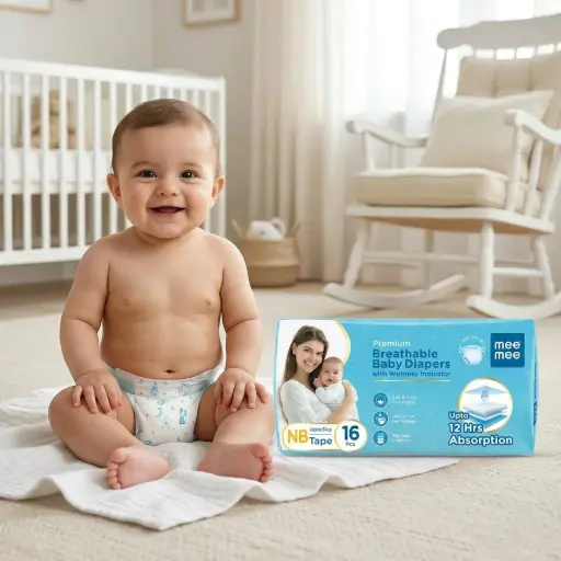 [MEE MEE DIAPERS-16 PCS] Mee Mee- Premium Breathable Baby Diapers - Up to 12 Hrs Absorption -16pcs